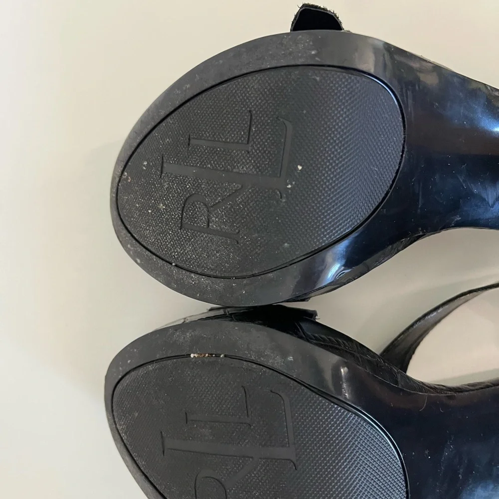 Ralph Lauren Black Croc-Embossed Leather Platform Heels with Gold Buckles